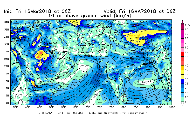 Mappa di analisi GFS - Velocità del vento a 10 metri dal suolo [km/h] in Asia Sud-Occidentale
									del 16/03/2018 06 <!--googleoff: index-->UTC<!--googleon: index-->