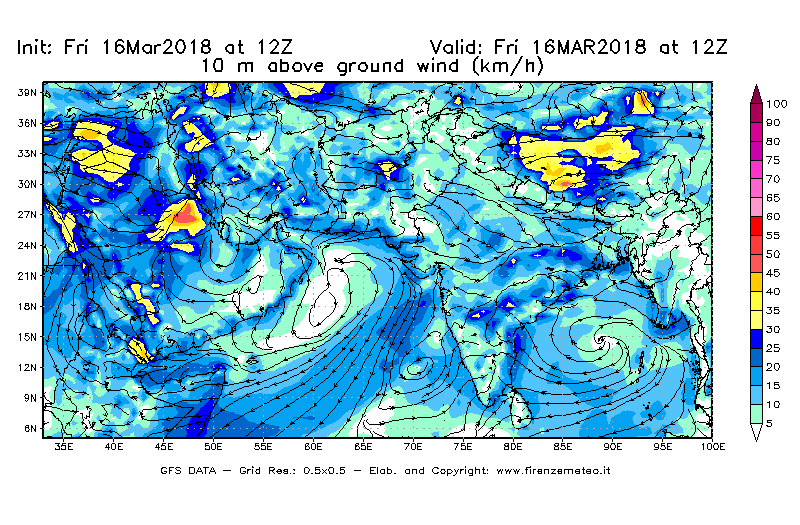 Mappa di analisi GFS - Velocità del vento a 10 metri dal suolo [km/h] in Asia Sud-Occidentale
									del 16/03/2018 12 <!--googleoff: index-->UTC<!--googleon: index-->