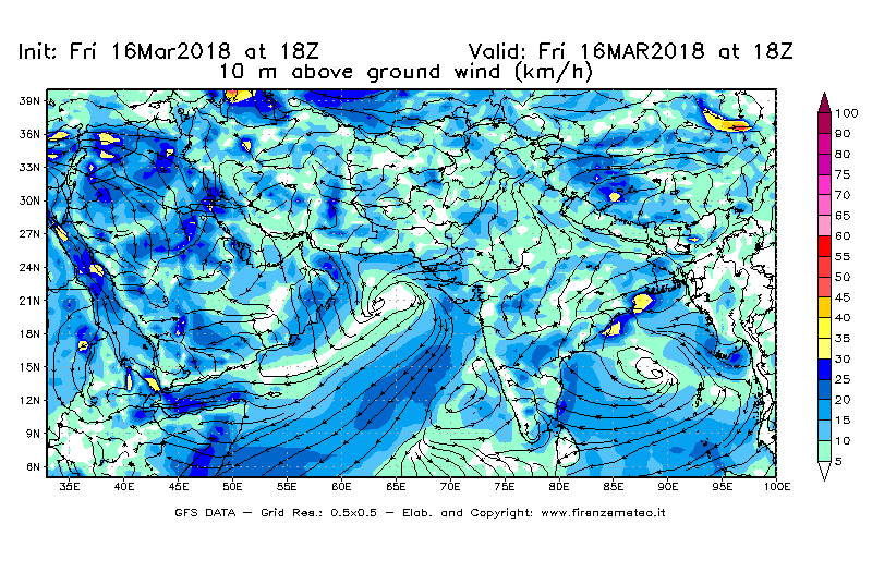 Mappa di analisi GFS - Velocità del vento a 10 metri dal suolo [km/h] in Asia Sud-Occidentale
									del 16/03/2018 18 <!--googleoff: index-->UTC<!--googleon: index-->