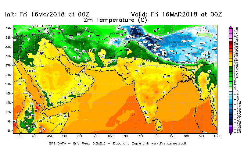 Mappa di analisi GFS - Temperatura a 2 metri dal suolo [°C] in Asia Sud-Occidentale
									del 16/03/2018 00 <!--googleoff: index-->UTC<!--googleon: index-->