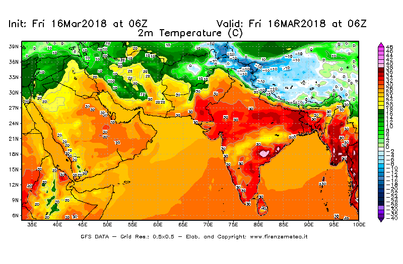 Mappa di analisi GFS - Temperatura a 2 metri dal suolo [°C] in Asia Sud-Occidentale
									del 16/03/2018 06 <!--googleoff: index-->UTC<!--googleon: index-->