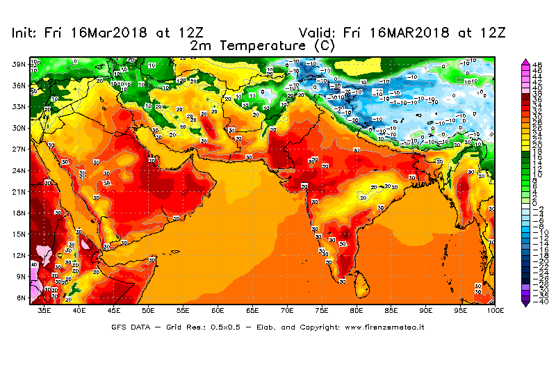 Mappa di analisi GFS - Temperatura a 2 metri dal suolo [°C] in Asia Sud-Occidentale
									del 16/03/2018 12 <!--googleoff: index-->UTC<!--googleon: index-->