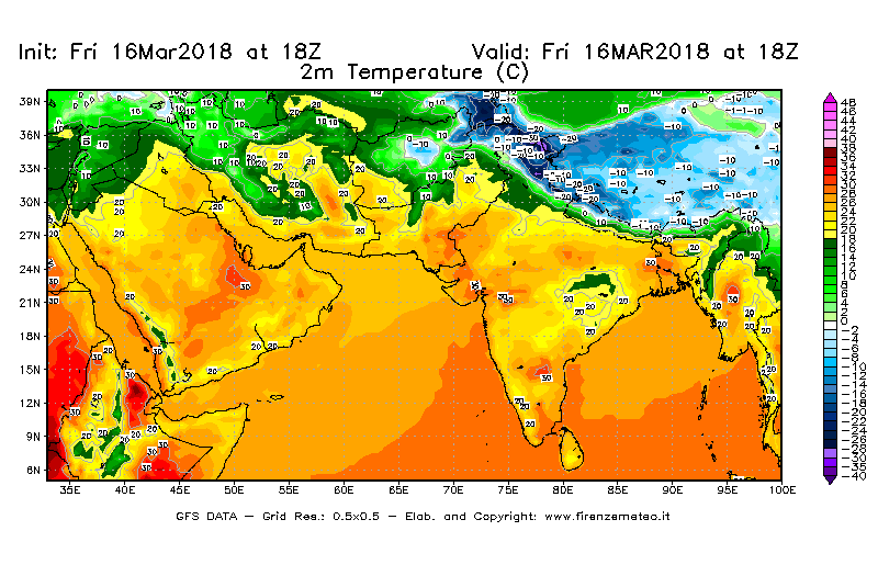 Mappa di analisi GFS - Temperatura a 2 metri dal suolo [°C] in Asia Sud-Occidentale
									del 16/03/2018 18 <!--googleoff: index-->UTC<!--googleon: index-->