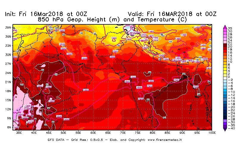 Mappa di analisi GFS - Geopotenziale [m] e Temperatura [°C] a 850 hPa in Asia Sud-Occidentale
									del 16/03/2018 00 <!--googleoff: index-->UTC<!--googleon: index-->