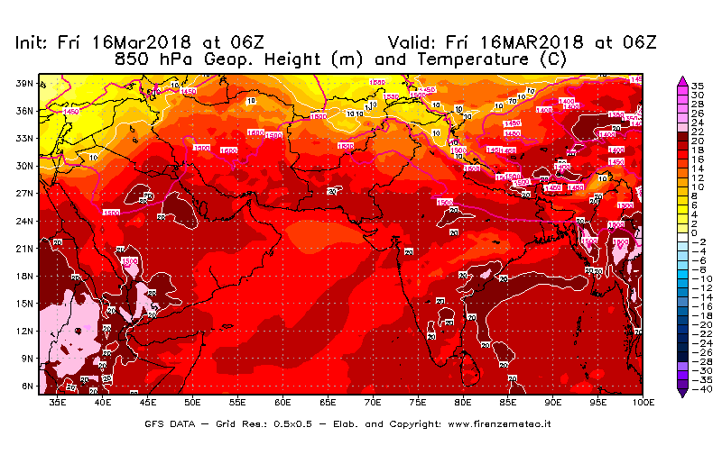 Mappa di analisi GFS - Geopotenziale [m] e Temperatura [°C] a 850 hPa in Asia Sud-Occidentale
									del 16/03/2018 06 <!--googleoff: index-->UTC<!--googleon: index-->