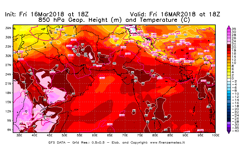 Mappa di analisi GFS - Geopotenziale [m] e Temperatura [°C] a 850 hPa in Asia Sud-Occidentale
									del 16/03/2018 18 <!--googleoff: index-->UTC<!--googleon: index-->