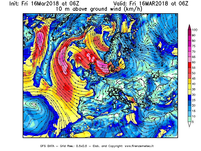 Mappa di analisi GFS - Velocità del vento a 10 metri dal suolo [km/h] in Europa
									del 16/03/2018 06 <!--googleoff: index-->UTC<!--googleon: index-->