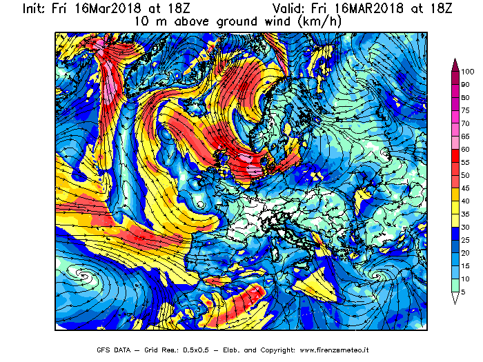 Mappa di analisi GFS - Velocità del vento a 10 metri dal suolo [km/h] in Europa
									del 16/03/2018 18 <!--googleoff: index-->UTC<!--googleon: index-->