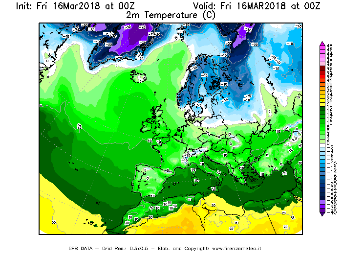 Mappa di analisi GFS - Temperatura a 2 metri dal suolo [°C] in Europa
									del 16/03/2018 00 <!--googleoff: index-->UTC<!--googleon: index-->