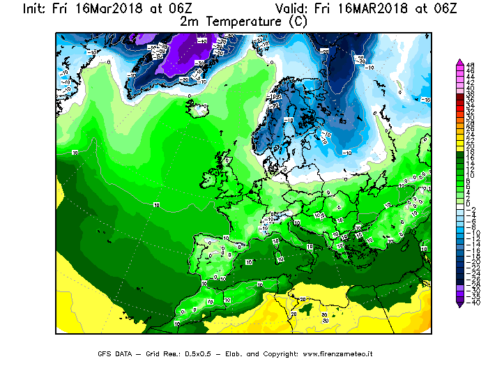 Mappa di analisi GFS - Temperatura a 2 metri dal suolo [°C] in Europa
									del 16/03/2018 06 <!--googleoff: index-->UTC<!--googleon: index-->