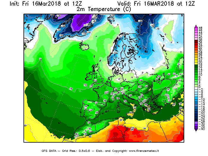 Mappa di analisi GFS - Temperatura a 2 metri dal suolo [°C] in Europa
									del 16/03/2018 12 <!--googleoff: index-->UTC<!--googleon: index-->