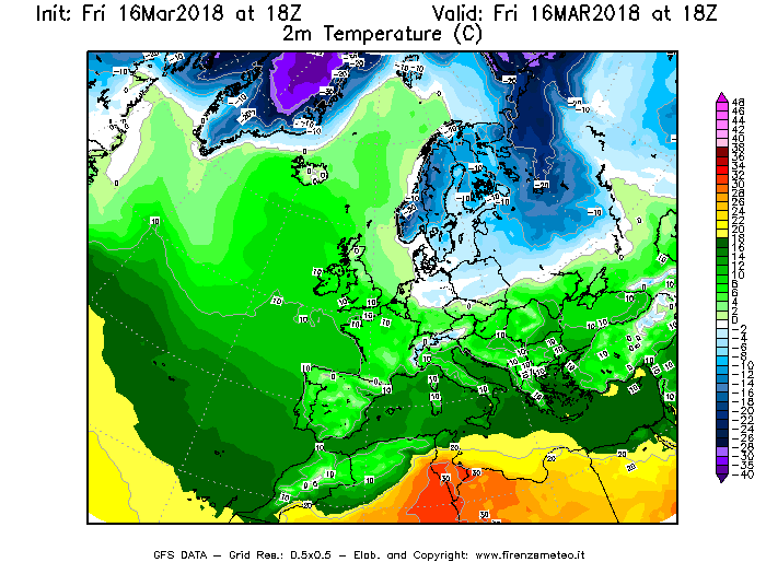 Mappa di analisi GFS - Temperatura a 2 metri dal suolo [°C] in Europa
									del 16/03/2018 18 <!--googleoff: index-->UTC<!--googleon: index-->
