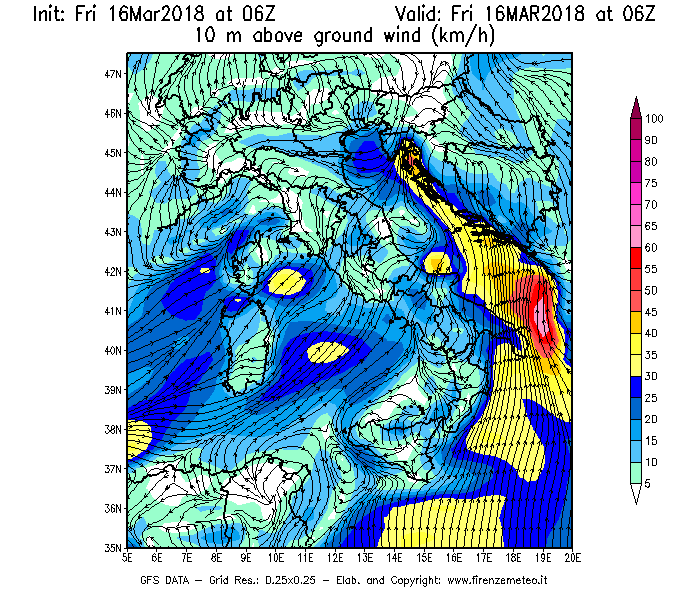 Mappa di analisi GFS - Velocità del vento a 10 metri dal suolo [km/h] in Italia
									del 16/03/2018 06 <!--googleoff: index-->UTC<!--googleon: index-->