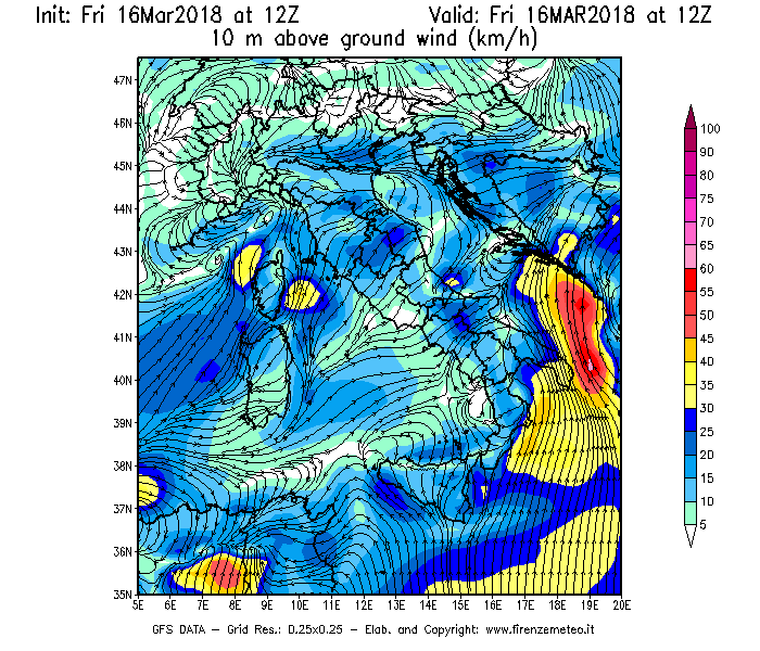 Mappa di analisi GFS - Velocità del vento a 10 metri dal suolo [km/h] in Italia
									del 16/03/2018 12 <!--googleoff: index-->UTC<!--googleon: index-->