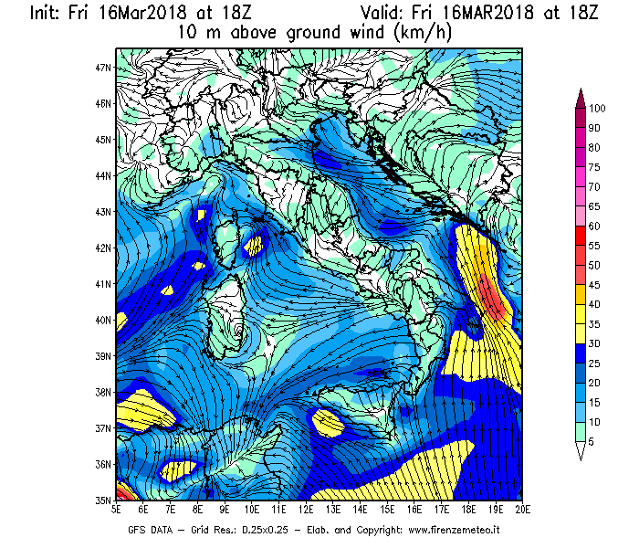 Mappa di analisi GFS - Velocità del vento a 10 metri dal suolo [km/h] in Italia
									del 16/03/2018 18 <!--googleoff: index-->UTC<!--googleon: index-->