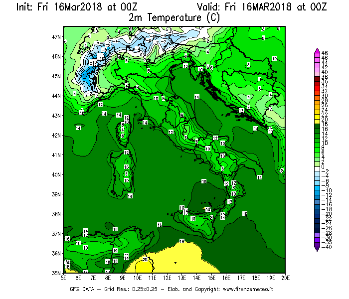 Mappa di analisi GFS - Temperatura a 2 metri dal suolo [°C] in Italia
									del 16/03/2018 00 <!--googleoff: index-->UTC<!--googleon: index-->