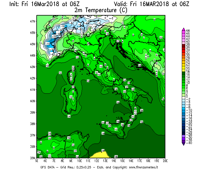 Mappa di analisi GFS - Temperatura a 2 metri dal suolo [°C] in Italia
									del 16/03/2018 06 <!--googleoff: index-->UTC<!--googleon: index-->