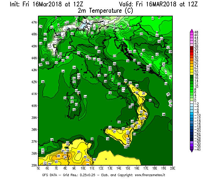 Mappa di analisi GFS - Temperatura a 2 metri dal suolo [°C] in Italia
									del 16/03/2018 12 <!--googleoff: index-->UTC<!--googleon: index-->