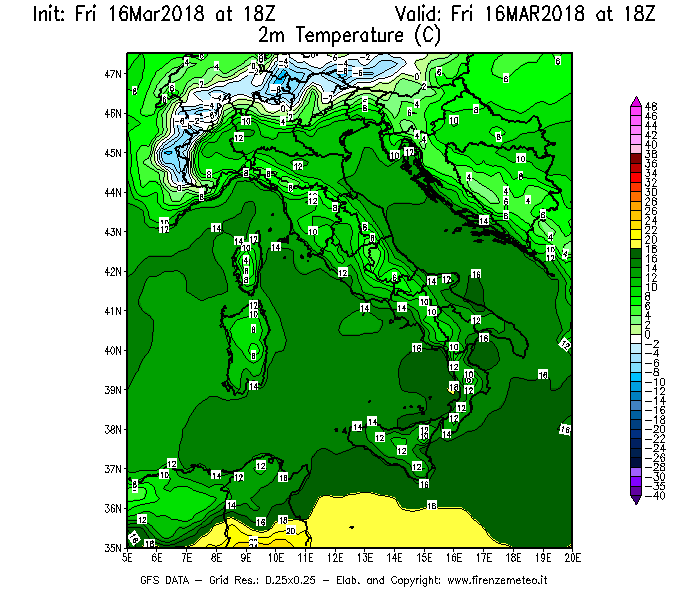 Mappa di analisi GFS - Temperatura a 2 metri dal suolo [°C] in Italia
									del 16/03/2018 18 <!--googleoff: index-->UTC<!--googleon: index-->