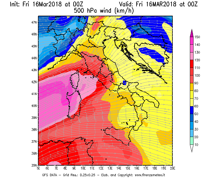 Mappa di analisi GFS - Velocità del vento a 500 hPa [km/h] in Italia
									del 16/03/2018 00 <!--googleoff: index-->UTC<!--googleon: index-->