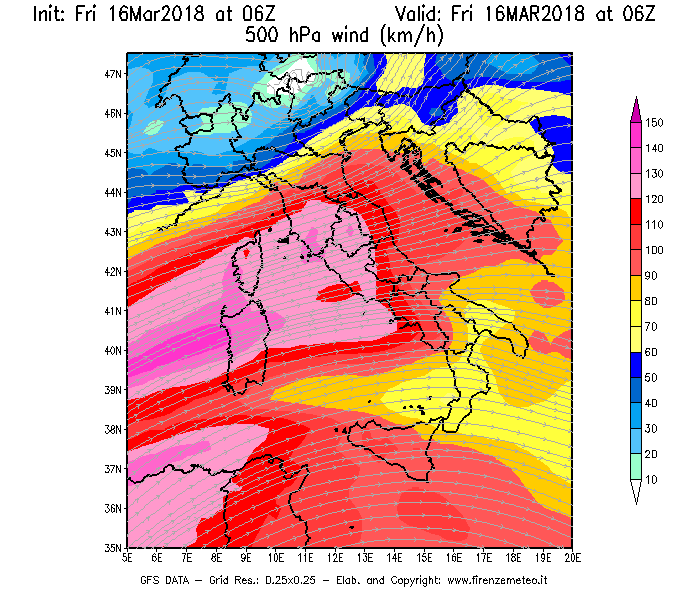 Mappa di analisi GFS - Velocità del vento a 500 hPa [km/h] in Italia
									del 16/03/2018 06 <!--googleoff: index-->UTC<!--googleon: index-->