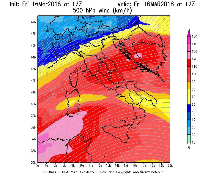 Mappa di analisi GFS - Velocità del vento a 500 hPa [km/h] in Italia
									del 16/03/2018 12 <!--googleoff: index-->UTC<!--googleon: index-->
