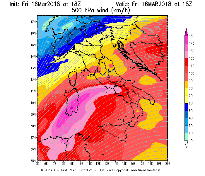 Mappa di analisi GFS - Velocità del vento a 500 hPa [km/h] in Italia
									del 16/03/2018 18 <!--googleoff: index-->UTC<!--googleon: index-->