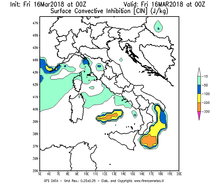 Mappa di analisi GFS - CIN [J/kg] in Italia
									del 16/03/2018 00 <!--googleoff: index-->UTC<!--googleon: index-->