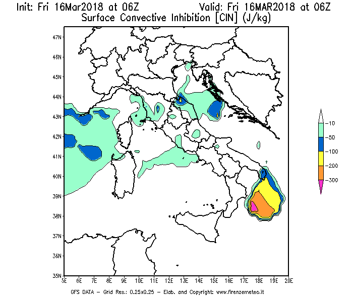 Mappa di analisi GFS - CIN [J/kg] in Italia
									del 16/03/2018 06 <!--googleoff: index-->UTC<!--googleon: index-->