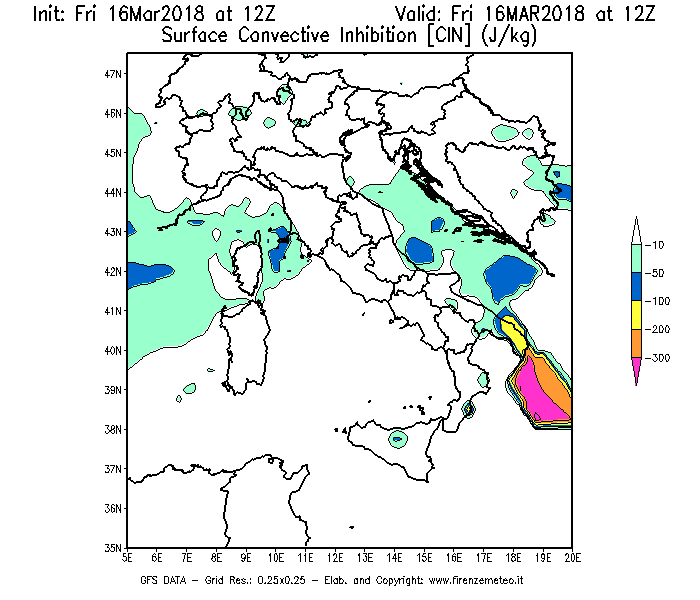Mappa di analisi GFS - CIN [J/kg] in Italia
									del 16/03/2018 12 <!--googleoff: index-->UTC<!--googleon: index-->