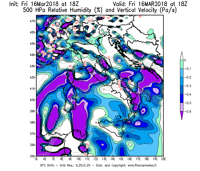 Mappa di analisi GFS - Umidità relativa [%] e Omega [Pa/s] a 500 hPa in Italia
									del 16/03/2018 18 <!--googleoff: index-->UTC<!--googleon: index-->
