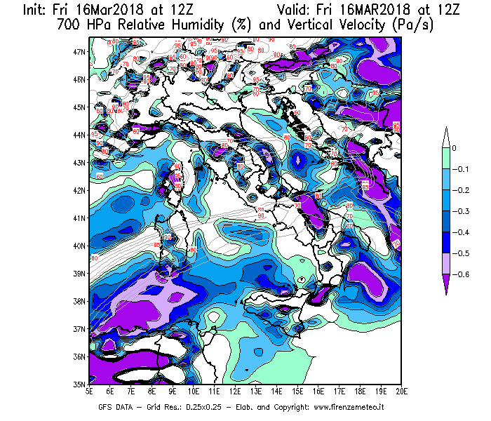 Mappa di analisi GFS - Umidità relativa [%] e Omega [Pa/s] a 700 hPa in Italia
									del 16/03/2018 12 <!--googleoff: index-->UTC<!--googleon: index-->