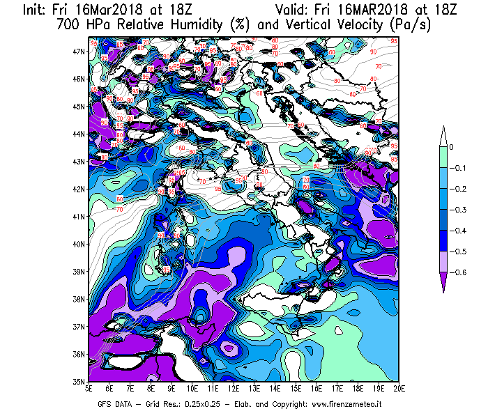Mappa di analisi GFS - Umidità relativa [%] e Omega [Pa/s] a 700 hPa in Italia
									del 16/03/2018 18 <!--googleoff: index-->UTC<!--googleon: index-->
