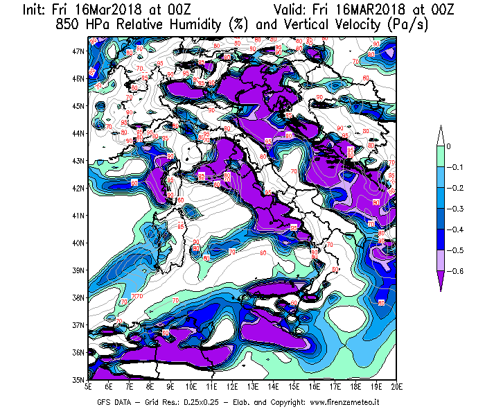 Mappa di analisi GFS - Umidità relativa [%] e Omega [Pa/s] a 850 hPa in Italia
									del 16/03/2018 00 <!--googleoff: index-->UTC<!--googleon: index-->