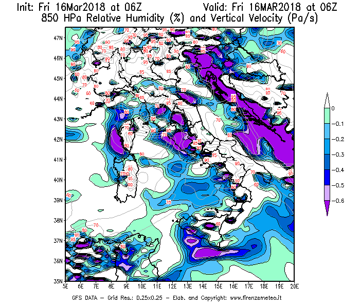 Mappa di analisi GFS - Umidità relativa [%] e Omega [Pa/s] a 850 hPa in Italia
									del 16/03/2018 06 <!--googleoff: index-->UTC<!--googleon: index-->