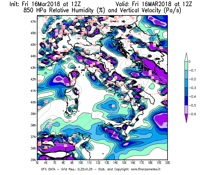 Mappa di analisi GFS - Umidità relativa [%] e Omega [Pa/s] a 850 hPa in Italia
									del 16/03/2018 12 <!--googleoff: index-->UTC<!--googleon: index-->