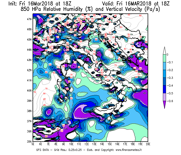 Mappa di analisi GFS - Umidità relativa [%] e Omega [Pa/s] a 850 hPa in Italia
									del 16/03/2018 18 <!--googleoff: index-->UTC<!--googleon: index-->