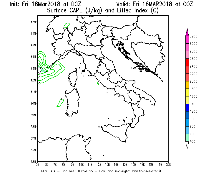 Mappa di analisi GFS - CAPE [J/kg] e Lifted Index [°C] in Italia
									del 16/03/2018 00 <!--googleoff: index-->UTC<!--googleon: index-->