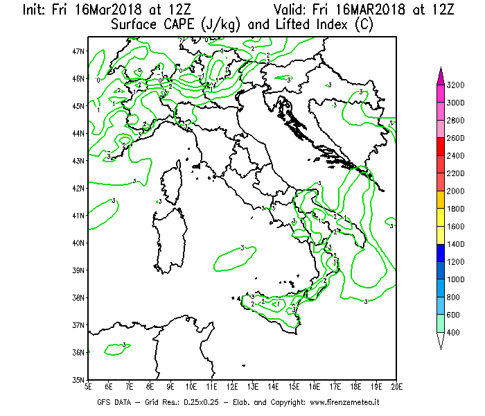 Mappa di analisi GFS - CAPE [J/kg] e Lifted Index [°C] in Italia
									del 16/03/2018 12 <!--googleoff: index-->UTC<!--googleon: index-->