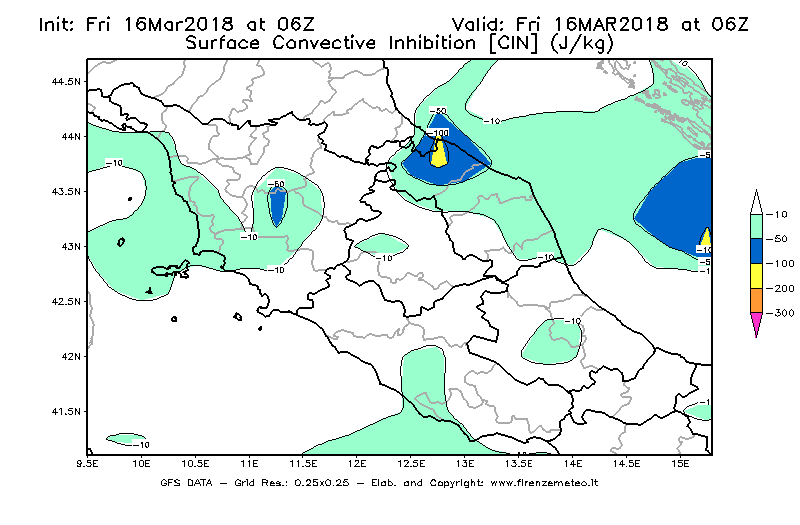 Mappa di analisi GFS - CIN [J/kg] in Centro-Italia
									del 16/03/2018 06 <!--googleoff: index-->UTC<!--googleon: index-->