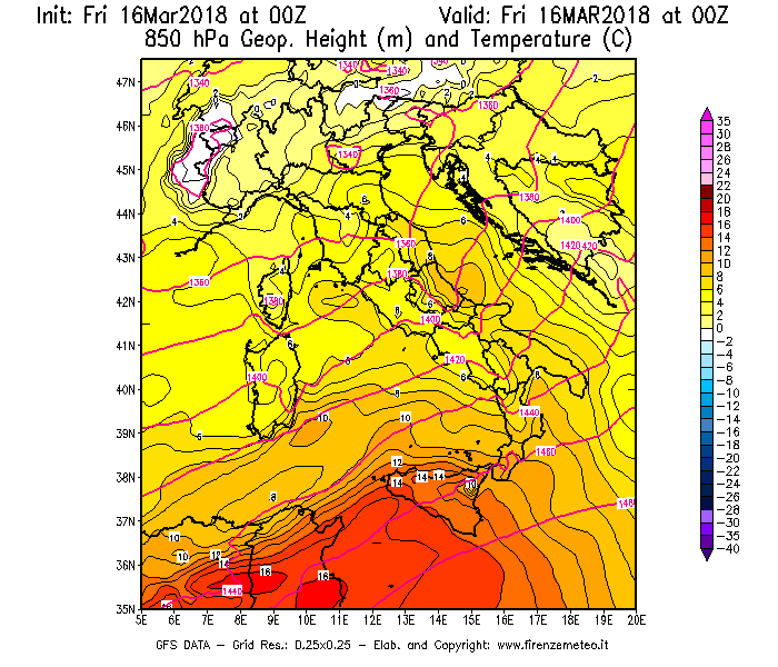 Mappa di analisi GFS - Geopotenziale [m] e Temperatura [°C] a 850 hPa in Italia
									del 16/03/2018 00 <!--googleoff: index-->UTC<!--googleon: index-->