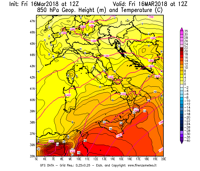 Mappa di analisi GFS - Geopotenziale [m] e Temperatura [°C] a 850 hPa in Italia
									del 16/03/2018 12 <!--googleoff: index-->UTC<!--googleon: index-->