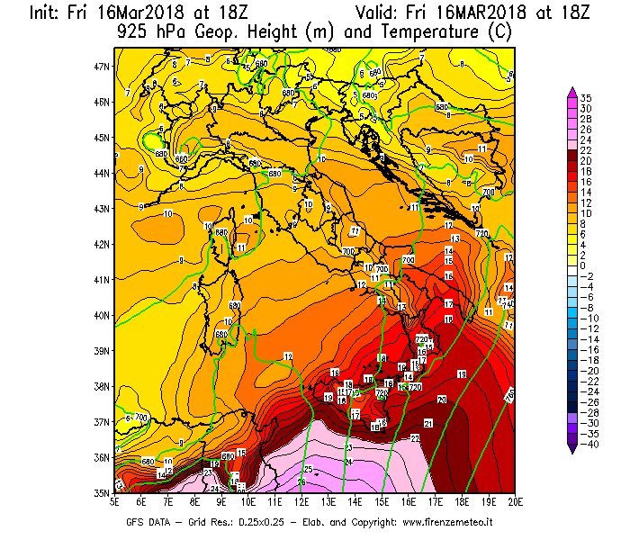 Mappa di analisi GFS - Geopotenziale [m] e Temperatura [°C] a 925 hPa in Italia
									del 16/03/2018 18 <!--googleoff: index-->UTC<!--googleon: index-->