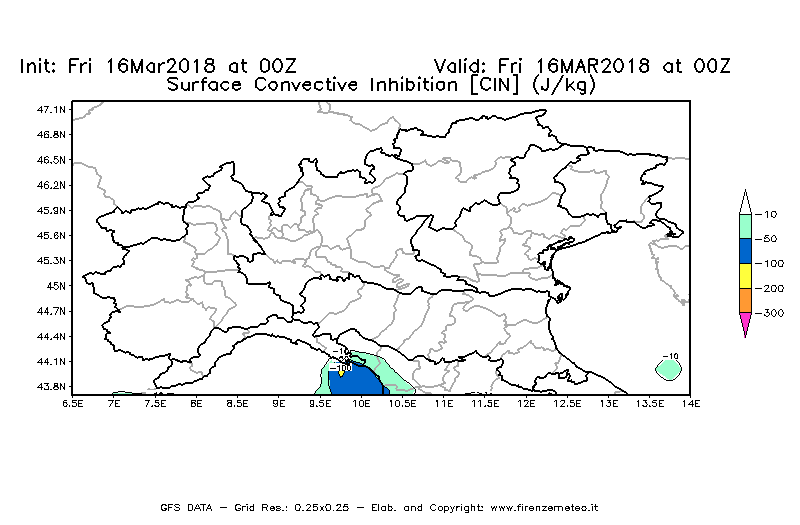 Mappa di analisi GFS - CIN [J/kg] in Nord-Italia
									del 16/03/2018 00 <!--googleoff: index-->UTC<!--googleon: index-->