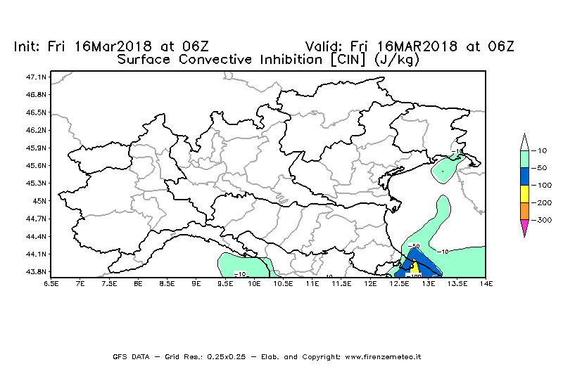 Mappa di analisi GFS - CIN [J/kg] in Nord-Italia
									del 16/03/2018 06 <!--googleoff: index-->UTC<!--googleon: index-->