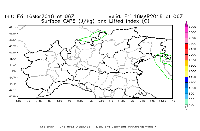 Mappa di analisi GFS - CAPE [J/kg] e Lifted Index [°C] in Nord-Italia
									del 16/03/2018 06 <!--googleoff: index-->UTC<!--googleon: index-->