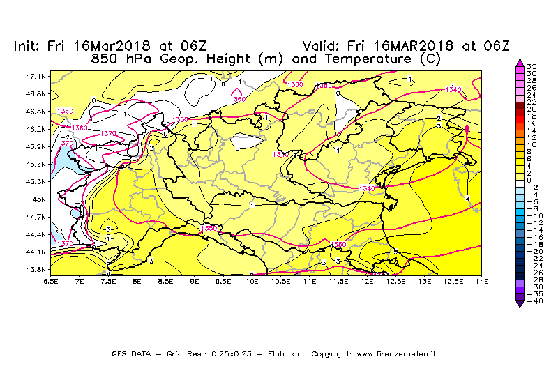 Mappa di analisi GFS - Geopotenziale [m] e Temperatura [°C] a 850 hPa in Nord-Italia
									del 16/03/2018 06 <!--googleoff: index-->UTC<!--googleon: index-->