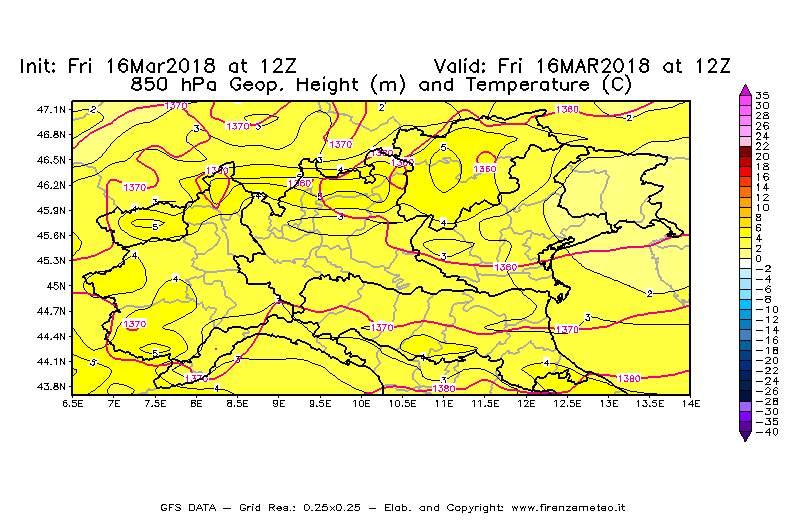 Mappa di analisi GFS - Geopotenziale [m] e Temperatura [°C] a 850 hPa in Nord-Italia
									del 16/03/2018 12 <!--googleoff: index-->UTC<!--googleon: index-->