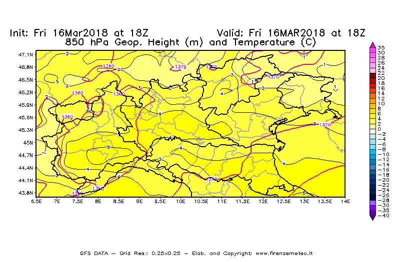 Mappa di analisi GFS - Geopotenziale [m] e Temperatura [°C] a 850 hPa in Nord-Italia
									del 16/03/2018 18 <!--googleoff: index-->UTC<!--googleon: index-->