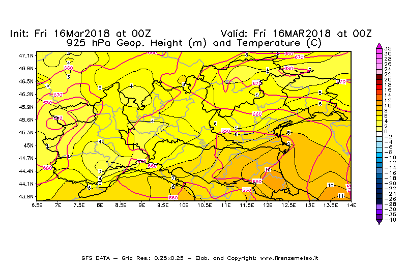 Mappa di analisi GFS - Geopotenziale [m] e Temperatura [°C] a 925 hPa in Nord-Italia
									del 16/03/2018 00 <!--googleoff: index-->UTC<!--googleon: index-->